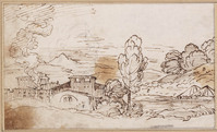K V 018
<br/>
Landschap met gebouwen en schuren; studie van een hoofd profiel naar rechts
<br/>
<em>Grimaldi, Giovanni Francesco (1606-1680)</em>